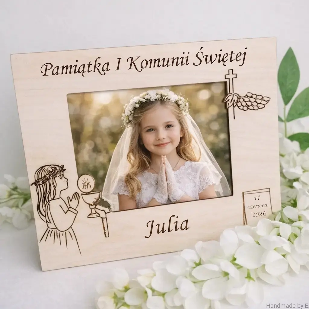 drewniana_ramka_komunijna_z_grawerem_pamiatka_komunia_dla_dziewczynki