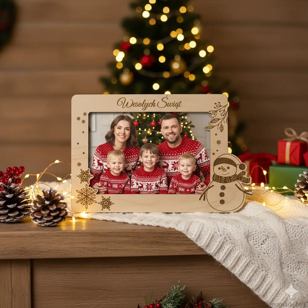 Drewniana ramka na zdjęcie "Wesołych Świąt" z grawerowanym bałwankiem i płatkami śniegu. Idealny, personalizowany prezent bożonarodzeniowy dla rodziny lub chrzestnych, dostępny w orientacji pionowej i poziomej.