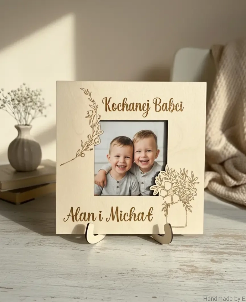 personalizowana-drewniana-ramka-ze-zdjeciem wnukow-na-podstawce