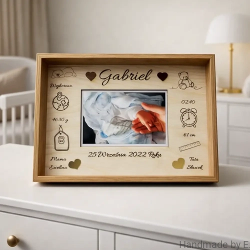 metryczka_z_drewna_ze_zdjeciem_dziecka_prezent_na_narodziny