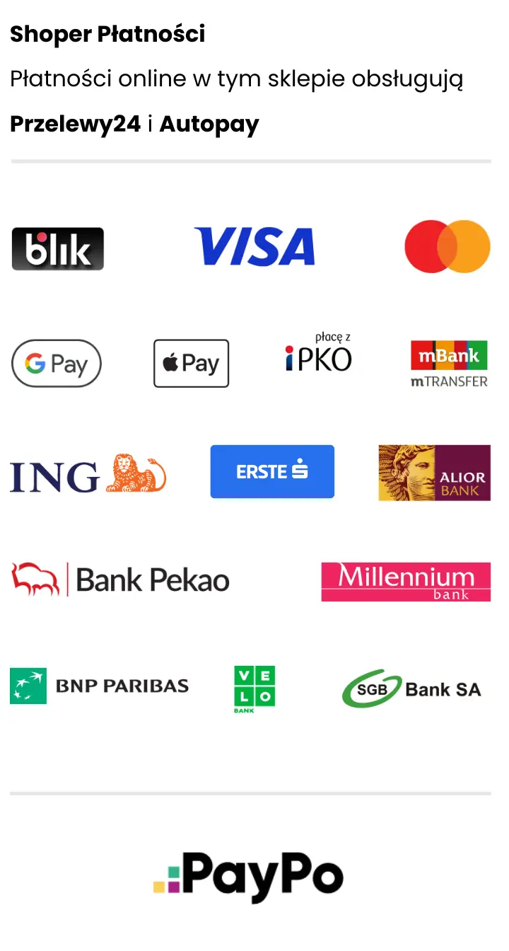 Formy płatności: BLIK, PayPo, karty, banki, Przelewy24, Autopay